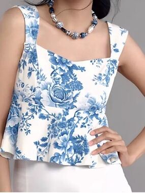 Anthropologie | Maeve Blue White Floral Peplum Tank Top Medium NWT